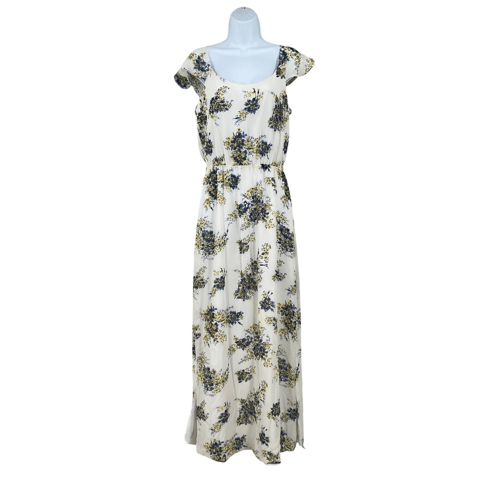 Joie Maxi Dress Womens Small Cream Blue Silk Floral Cap Sleeve Boho Ethereal